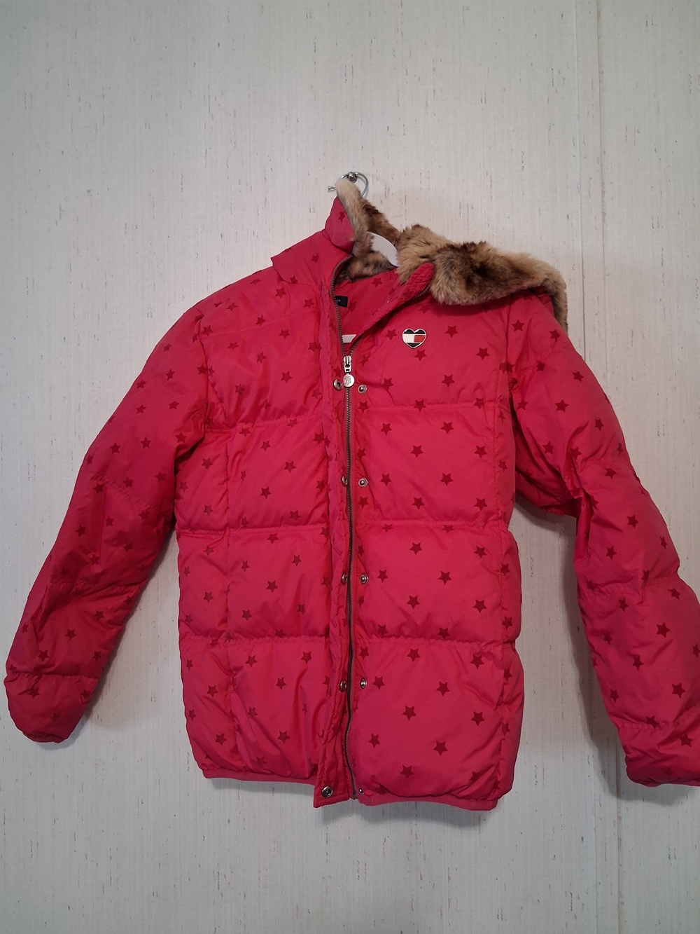 Girls Size Large Pink Tommy Hilfiger Puffer Jacket W Faux Fur Hood Down Feather